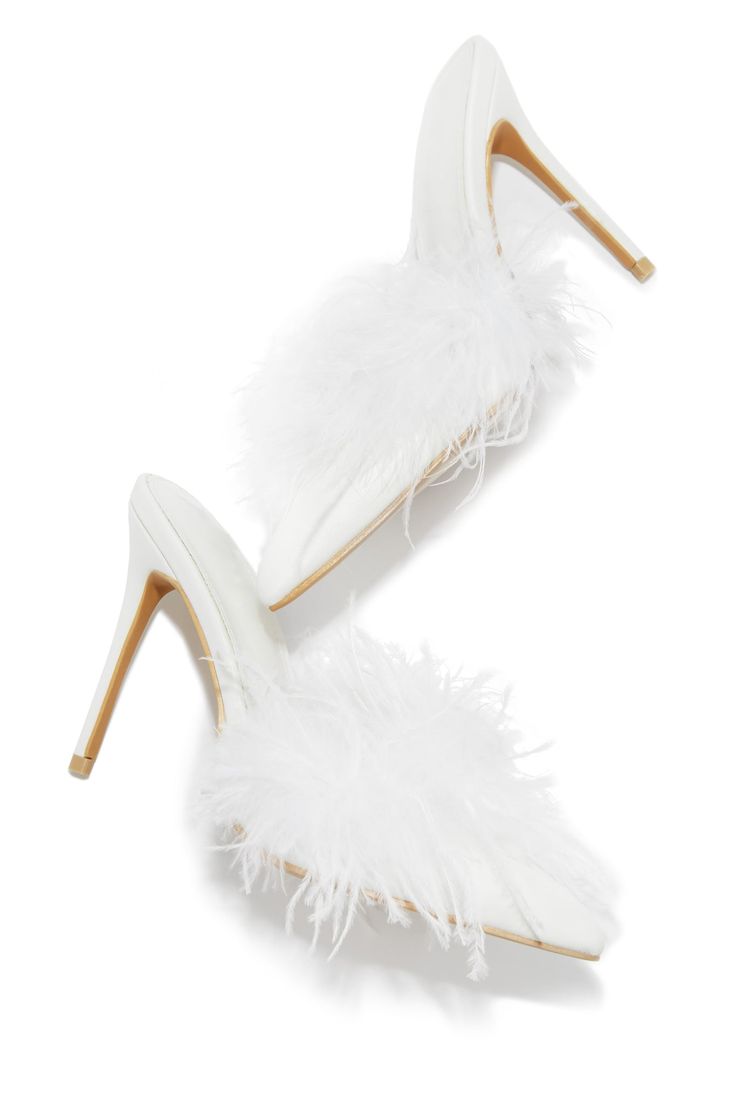 Miss Lola | Lorelai White Faux Feather Mule Heels Elegant Synthetic Heels For Winter, Open Toe Heels With Feathers For Formal Occasions, Elegant Closed Toe Heels For Winter, White High Heel Shoes For Party Season, Elegant Winter Heels, Glamorous Formal Winter Heels, Chic Heels With Feather Trim And Round Toe, Chic Round Toe Heels With Feathers, White High Heel Heels For Party Season