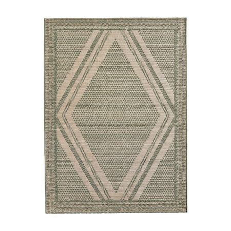 an area rug with a diamond pattern on the front and side, in light green