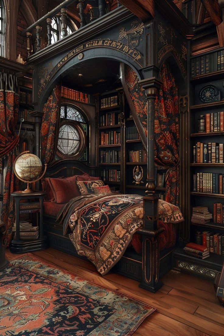 a bed room with a neatly made bed and lots of books