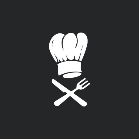 a chef's hat with a knife and fork on the black background, logo design