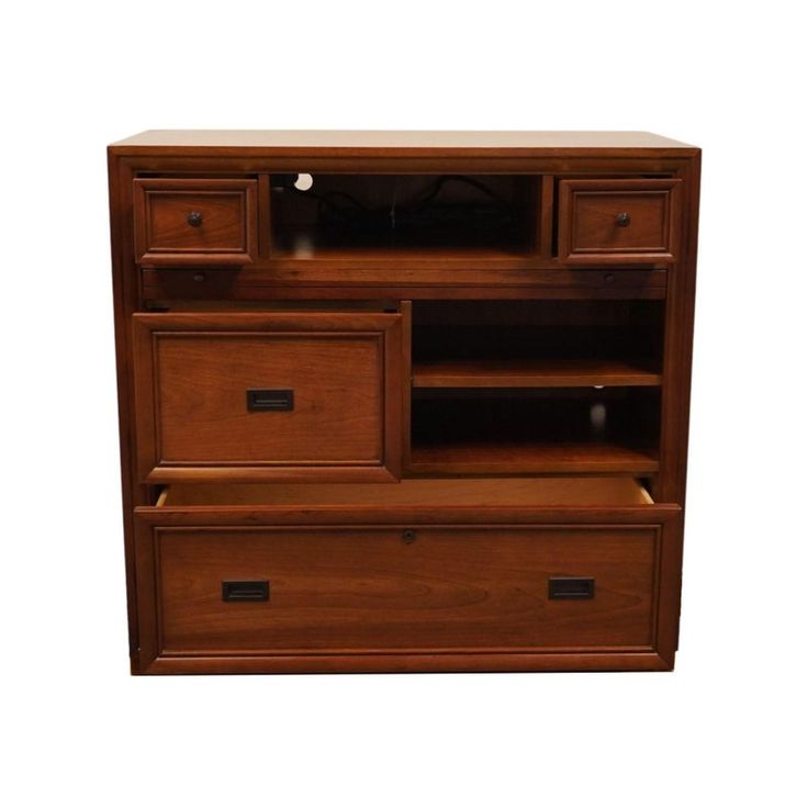 an entertainment center with two drawers and a flat screen tv on it's side