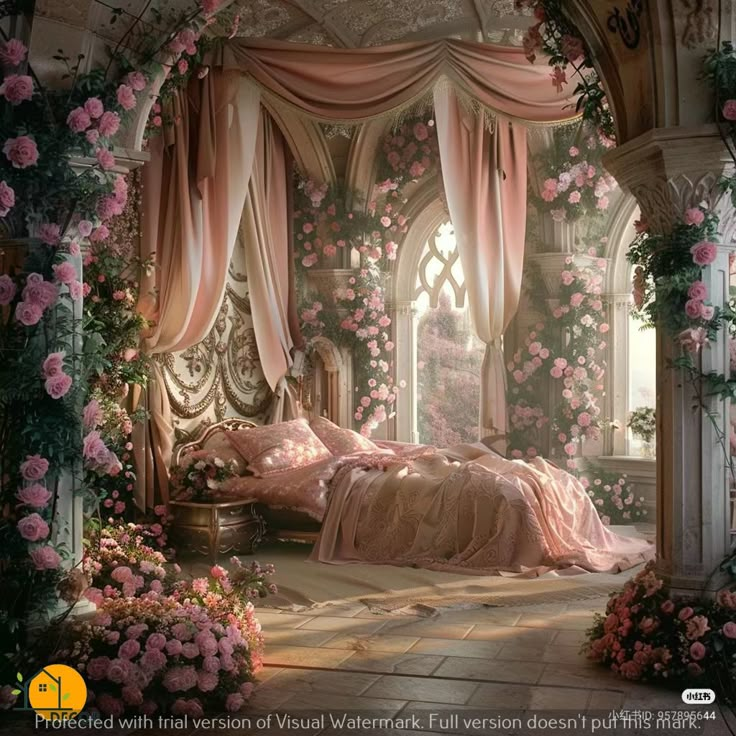 a bedroom decorated with pink flowers and curtains