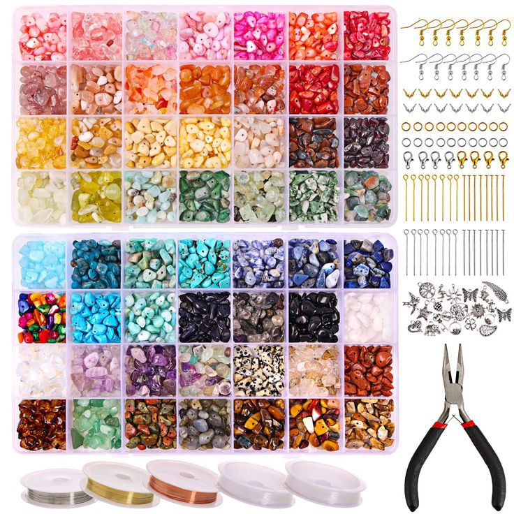 PRICES MAY VARY. All-in-one Jewelry Making Kit: Contains about 1500 crystals beads, 40 earring hooks, 40 head pins, 40 eye pins, 40 buckles, 100 jump rings, 10 lobster clasps, 30 silver pendants, 1 Jewelry pliers, 3 rolls of jewelry string, 2 rolls of elastic string. Beautiful Color Options: Gemstone beads with a rich variety of 56 colors to meet your different needs for making necklaces, bracelets, jewelry making beads, and many other craft and jewelry projects. Irregular Shapes & Sizes: These Earring Making Kit, Earring Making Kits, Colorful Crystal Necklace, Crystal Bracelet Kit, Diy Stone Bracelets, Bead Kits Jewelry Making, Crystal Bead Bracelet Diy Jewelry Making, Home Made Jewelry Ideas, Chip Bead Jewelry