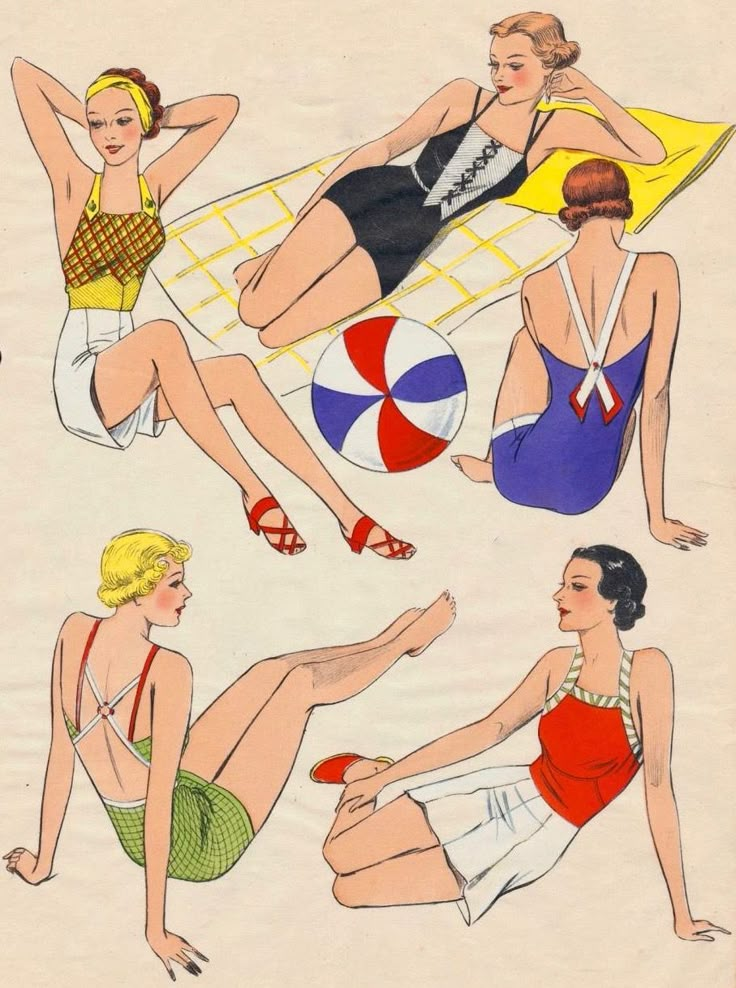 Vogue Swimwear, 1930s Fashion Hair, Vintage Bathing Suit Patterns, Vintage Hollywood Fashion, Boats Against The Current, Vintage Clothes Patterns, Florida Poster, Vintage Editorials, Vintage Swim