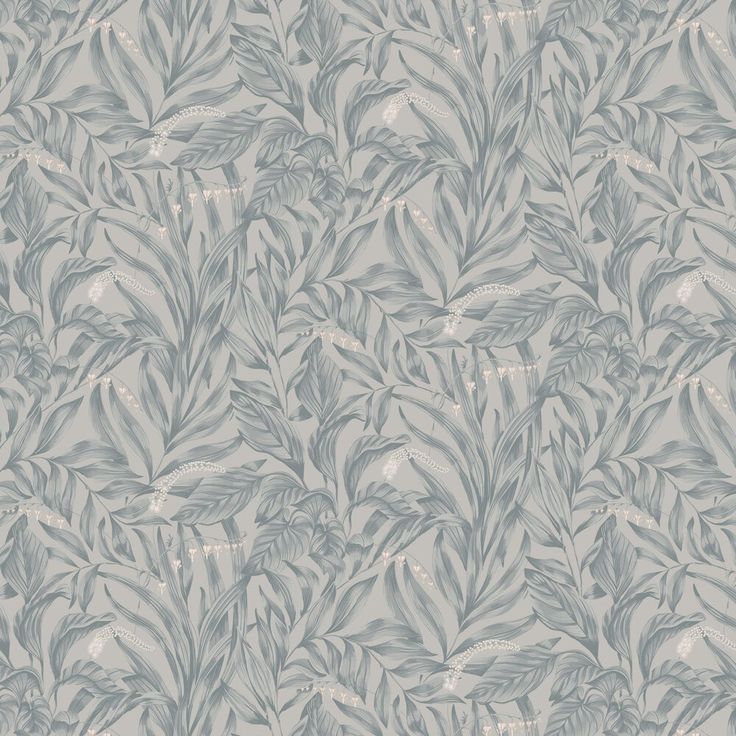 a wallpaper with leaves on it in grey and white colors, as well as the background