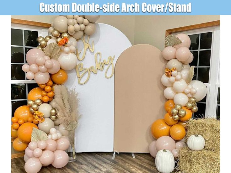 a balloon arch is decorated with oranges, white and gold balloons that spell out the word custom double - side arch cover stand