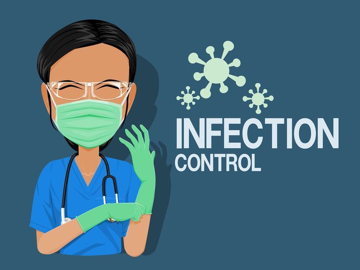 a person wearing a mask and gloves with the words infection control