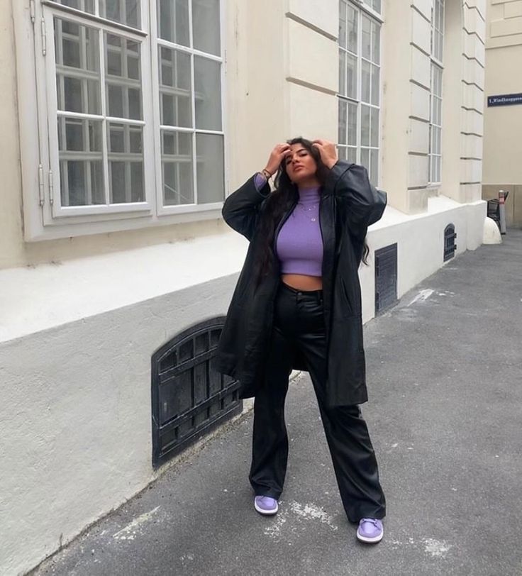 Leather Pants With Nike Dunks, Purple Air Jordan 1 Outfit, Purple Cargos Outfit Aesthetic, Lavender Sneakers Outfit, Purple Dunks Outfit, Purple Streetwear Outfit, Purple Jordans Outfit, Purple Jordan 1, Outfit With Jordans