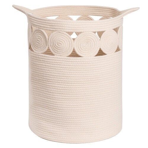 a white basket with circles on it