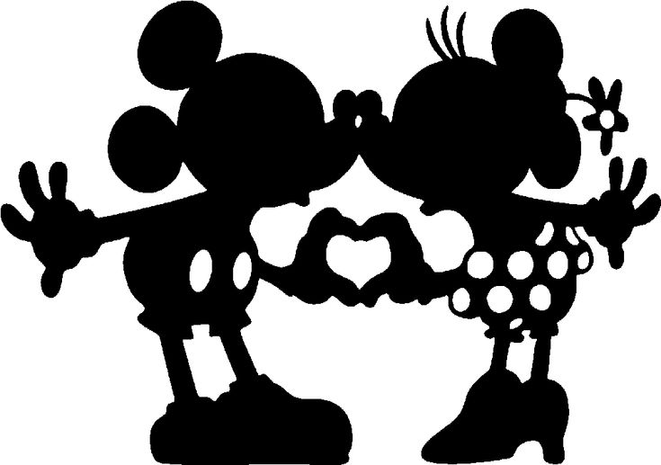 mickey and minnie kissing each other with hearts in their hands silhouetted against a white background