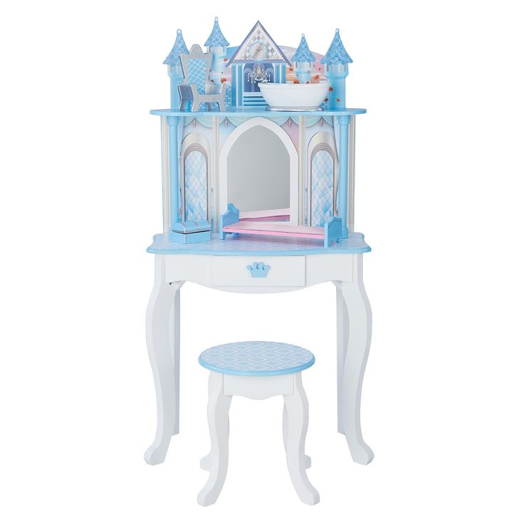 a toy vanity with a castle on top and a table underneath it for children to play