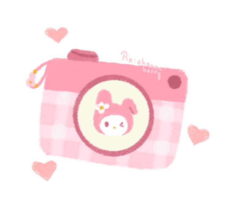 a pink camera with hearts around it and a pig on the front, as well as an i love you sticker