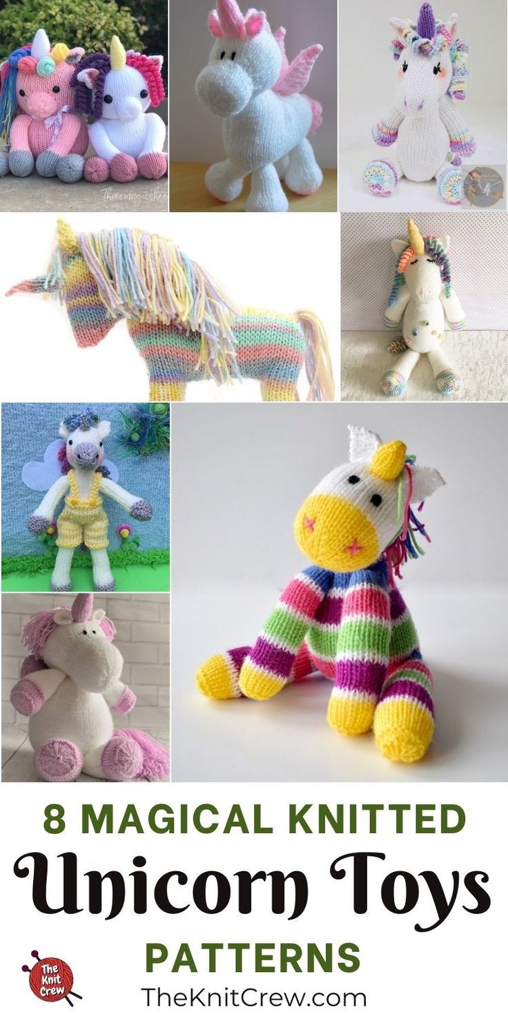 8 unicorn toys that are knitted in different colors and sizes with text overlay reading 8 magic knitted unicorn toys patterns