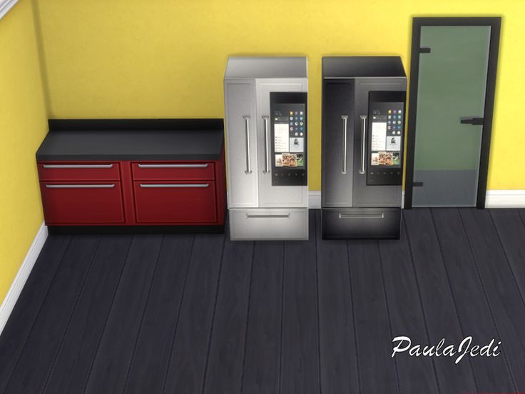 three vending machines sitting next to each other in a room with yellow walls and black flooring