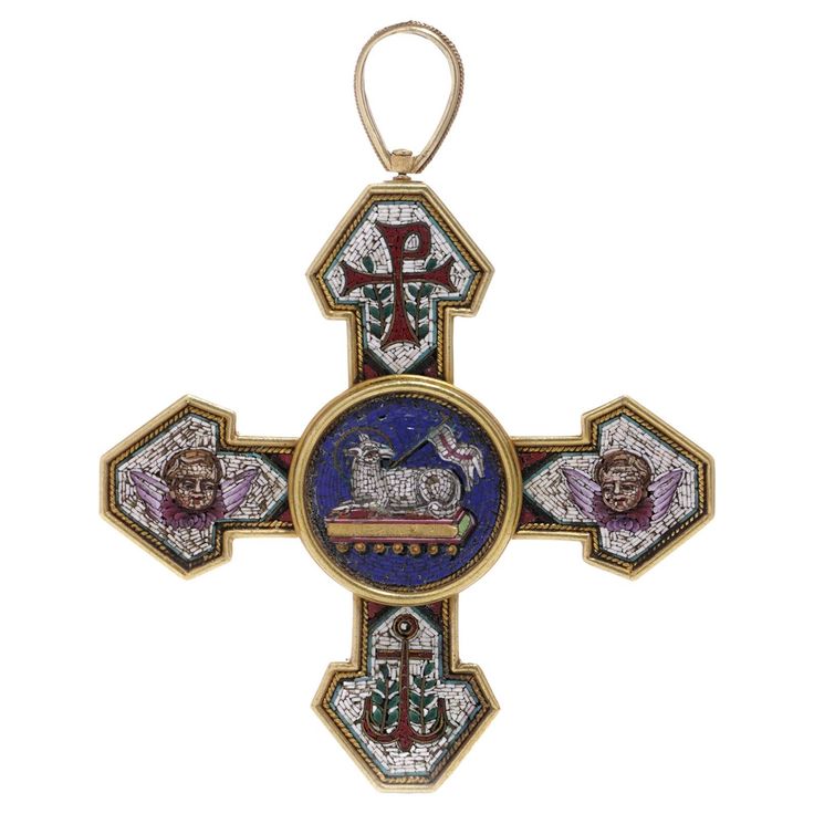 Antique Italian 22kt. yellow gold pendant/brooch Micro Mosaic cross.Made in the Papal workshops , marked with the Vatican stamp of the Papal tiara with the keys of St. Peter Circa 1850's - 1860s Dimensions:Length x width x height: 7 x 5.7 cm Weight: 27 grams This brooch pendant is designed in the shape of a cross, with detailed micro mosaic work depicting various religious and symbolic motifs. The central roundel features the Agnus Dei, or Lamb of God, holding a flag, a symbol of Christ's sacrif Papal Tiara, Chi Rho, Cross Wreath, Agnus Dei, Mosaic Crosses, Pendant Brooch, Gold For Sale, St Pierre, The Vatican