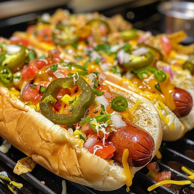 two hot dogs with toppings are on a grill