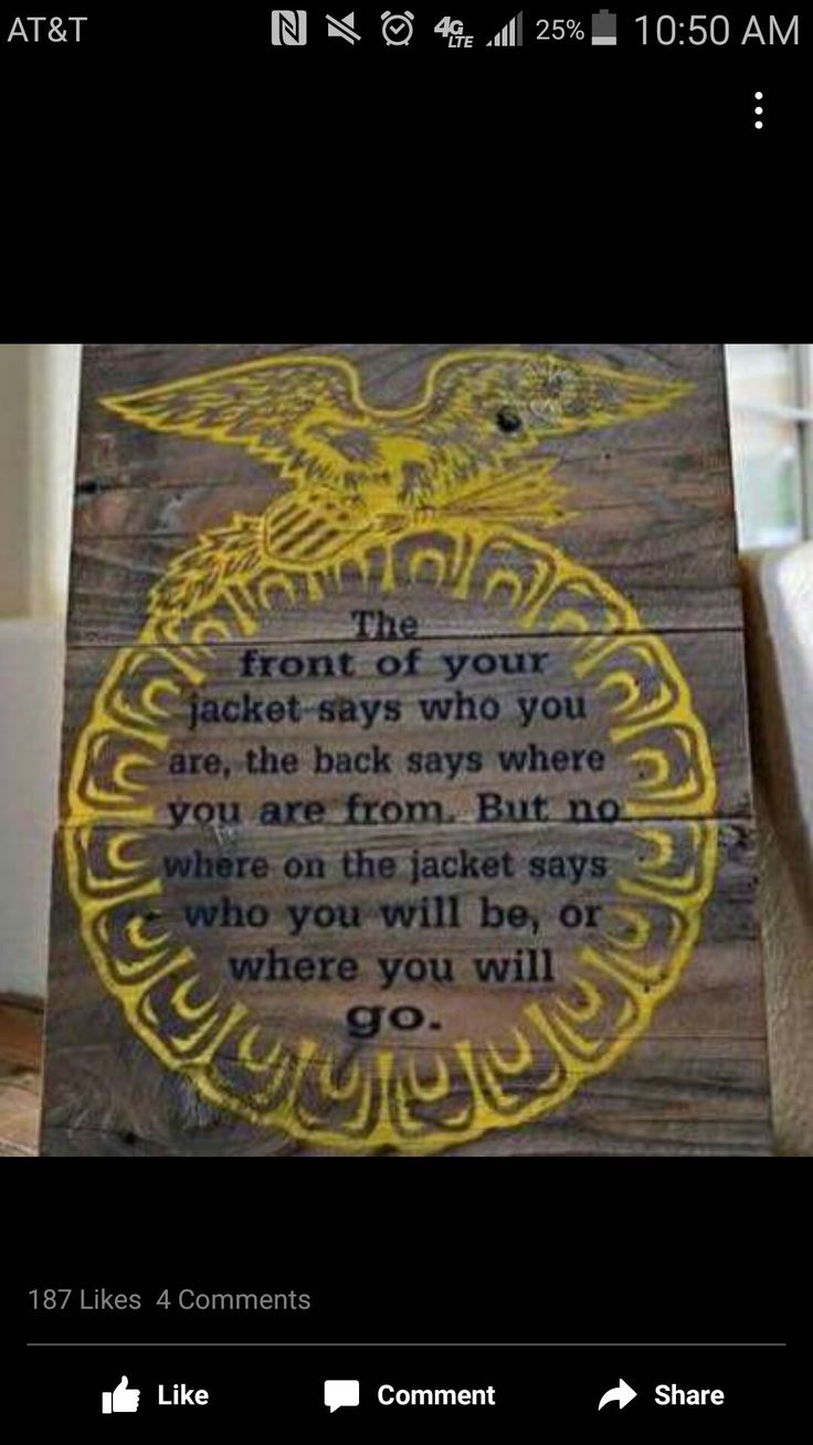 a wooden sign with an eagle on it that says the front of your jacket says who you are, the back says where you are from