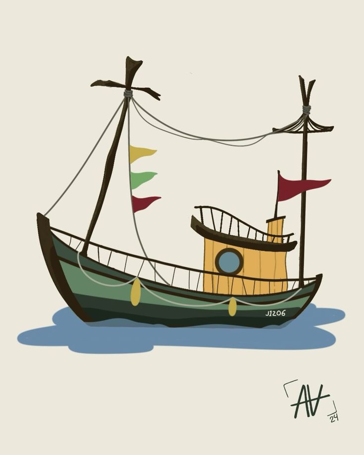 a drawing of a boat with flags on it