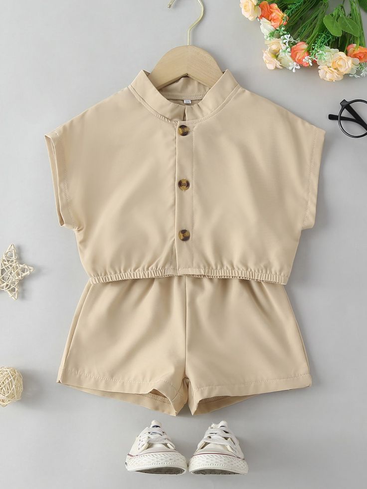 Khaki Casual  Short Sleeve Polyester Plain  Embellished Non-Stretch Summer Toddler Girls Clothing Batwing Sleeve Blouse, Girl Inspiration, Toddler Girl Outfits, Batwing Sleeve, Bat Wings, Two Piece Outfit, Girls Clothing, Toddler Girls, Toddler Girl