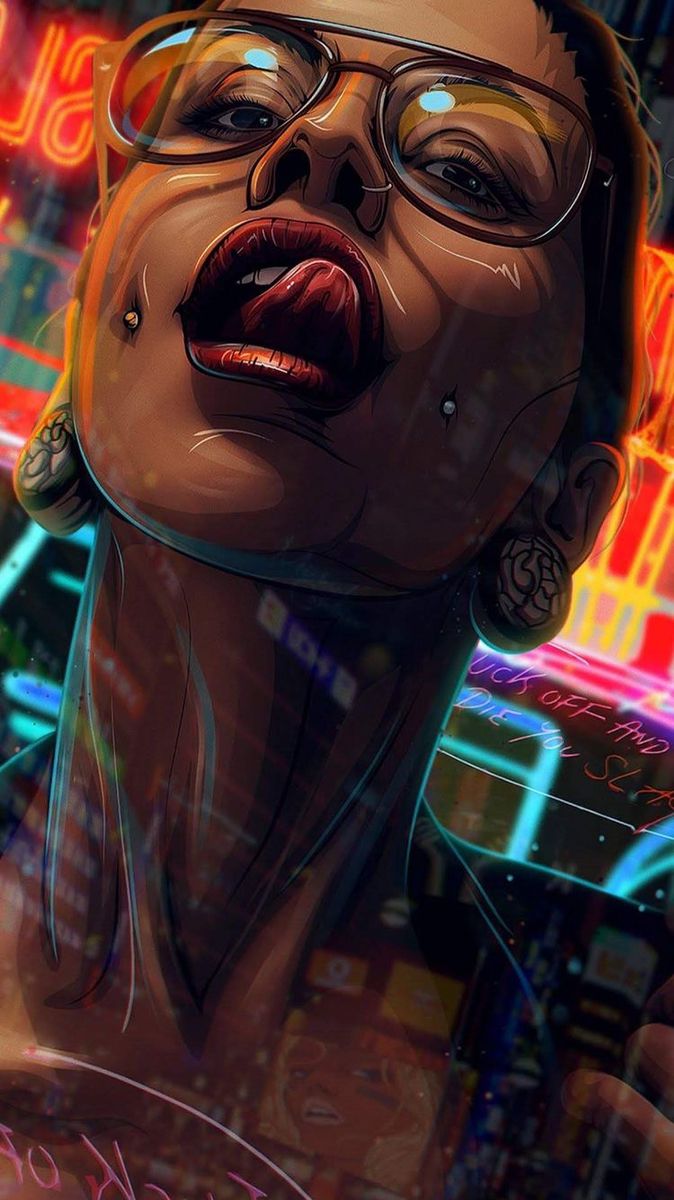 a digital painting of a woman with glasses and lipstick on her lips in front of neon lights