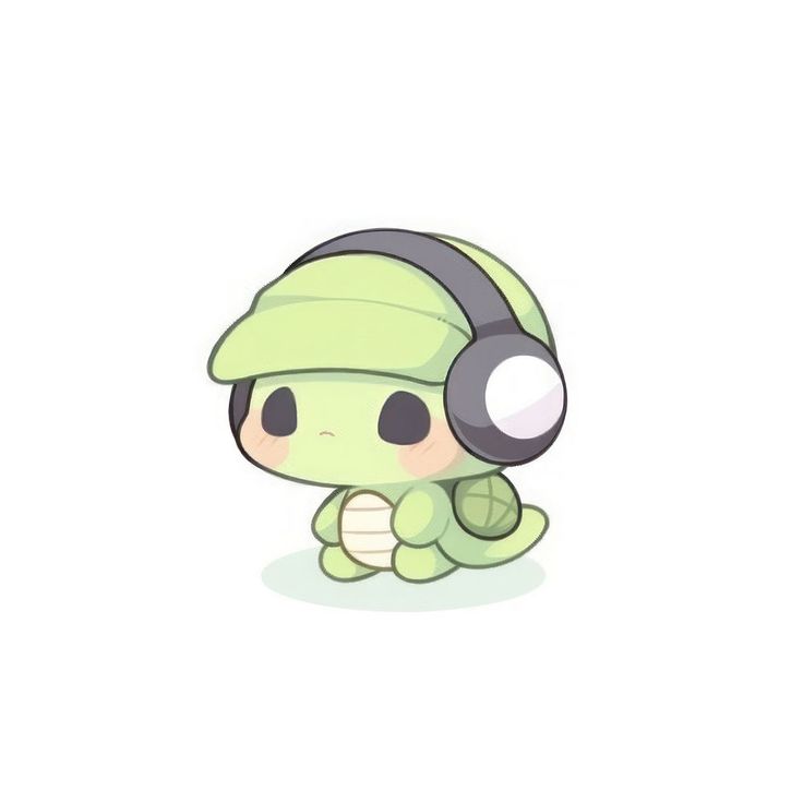 a cartoon character with headphones and a green hat sitting in front of a white background