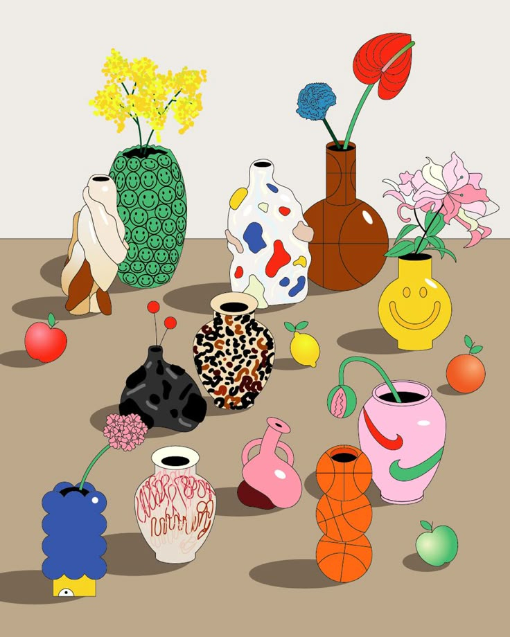 there are many vases and flowers on the floor with each one's face