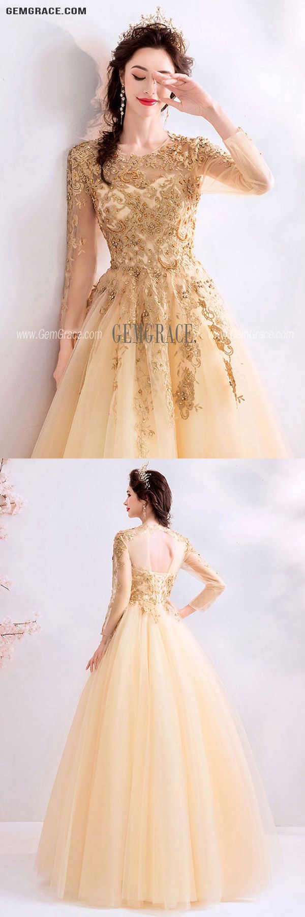 Gold Long Sleeve Gown For Weddings, Embellished Long Sleeve Ball Gown For Prom, Long Sleeve Tulle Ball Gown For Prom, Long Sleeve Tulle Ball Gown With Sweep Train, Gold Long Sleeve Gown For Prom Season, Gold Lace Prom Gown, Gold Long Sleeve Evening Dress For Prom, Embellished Long Sleeve Ball Gown For Debutante Ball, Long Sleeve Prom Ball Gown With Sweep Train