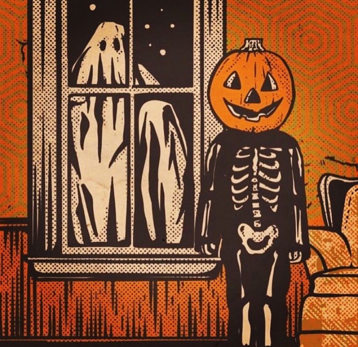 a drawing of a skeleton in front of a window with a jack o lantern on it's head