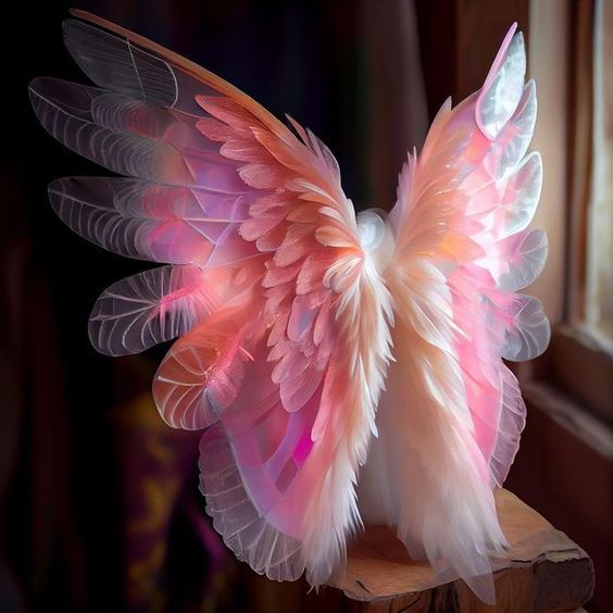 a pink and white bird with large wings on a wooden table next to a window