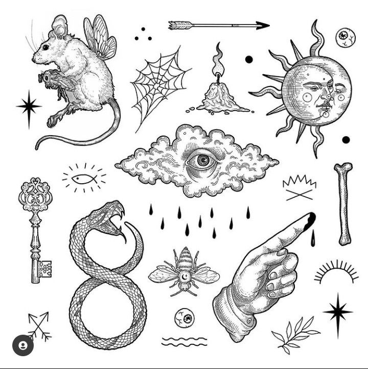 an ink drawing of various symbols and things