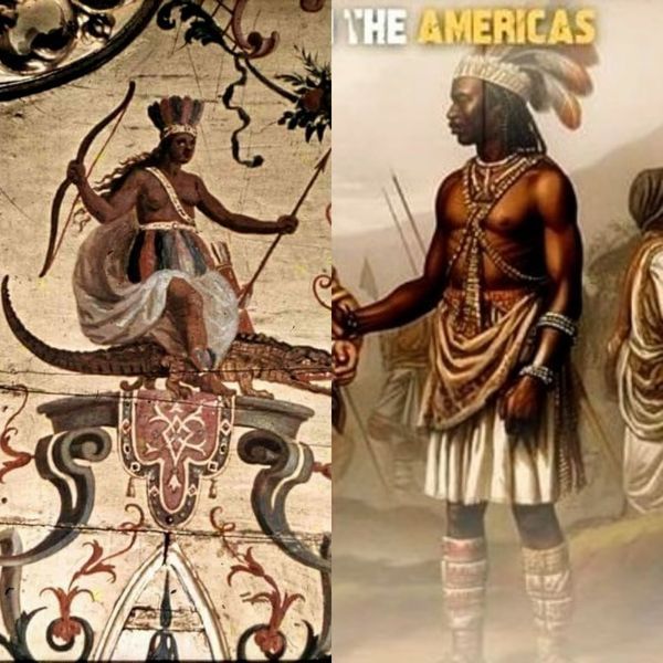 two pictures of native americans and one with an arrow