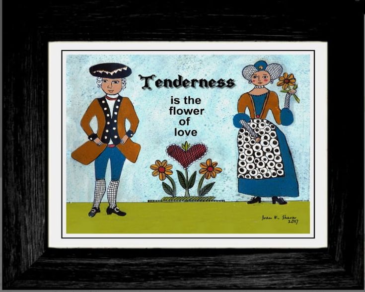 a painting with two people dressed in old fashioned clothing and holding flowers, the words tenderness is the flower of love