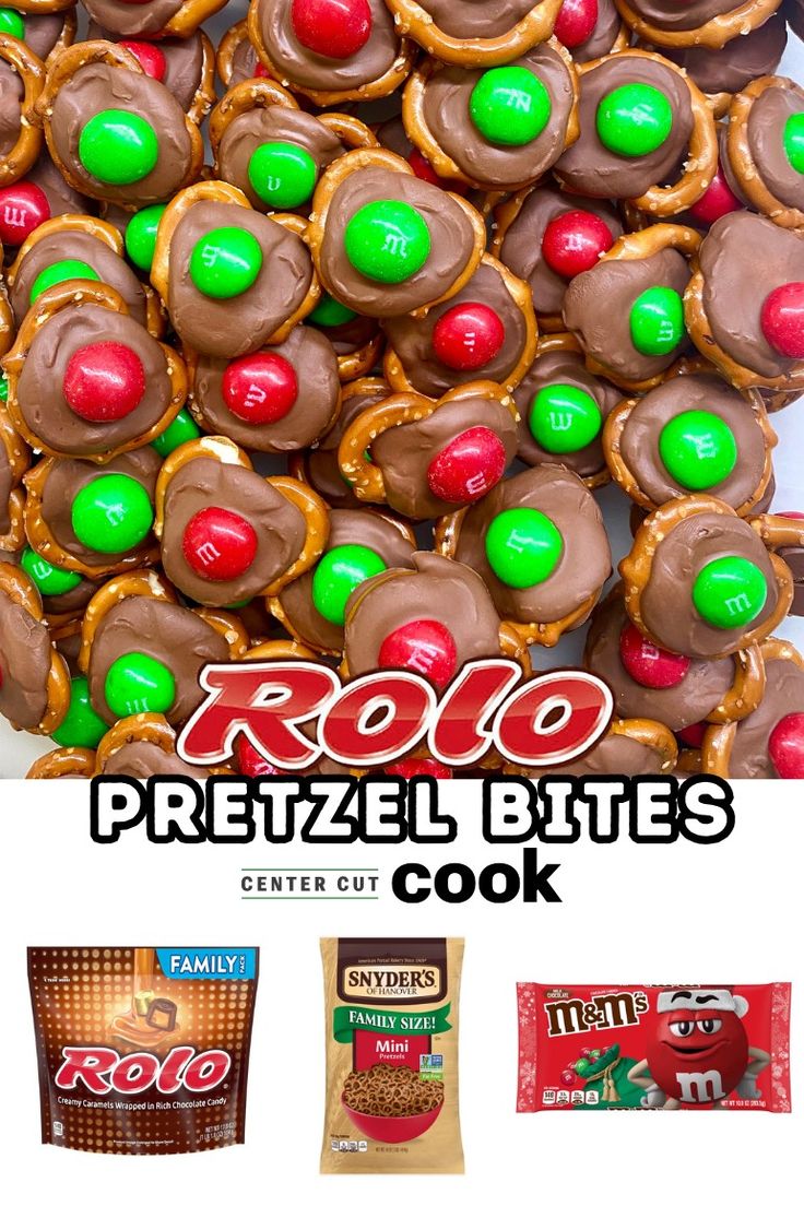 a pile of pretzel bites with candy on top and the words roll pretzel bites next to it