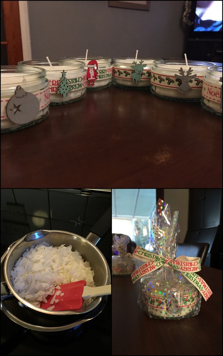 several different pictures of christmas candles in glass jars with candy canes and decorations on them