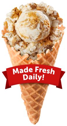 an ice cream cone with nuts in it and the words made fresh daily on top