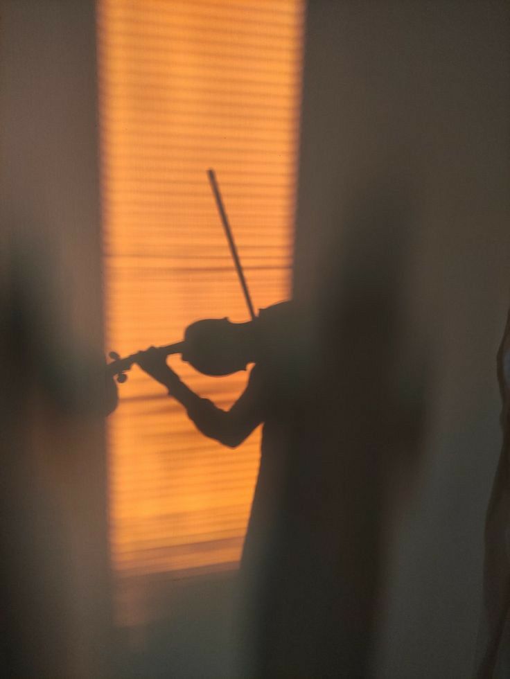 a person holding a violin in front of a window