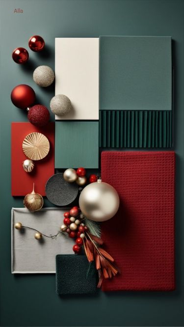 an assortment of christmas decorations and ornaments on a green background with red, white and grey colors