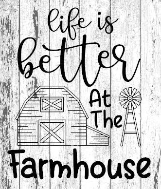 a sign that says life is better at the farmhouse with a barn and windmill