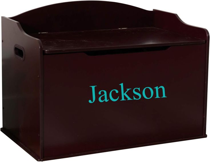 a wooden toy box with the word jackson on it's side and green lettering