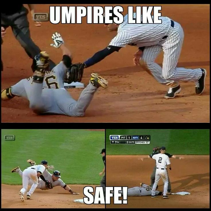 two pictures of baseball players collaged together with caption saying umpires like safe