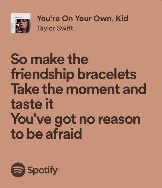 a quote from taylor swift that reads, so make the friends bracelets take the moment and taste it you've got no reason to be afraid