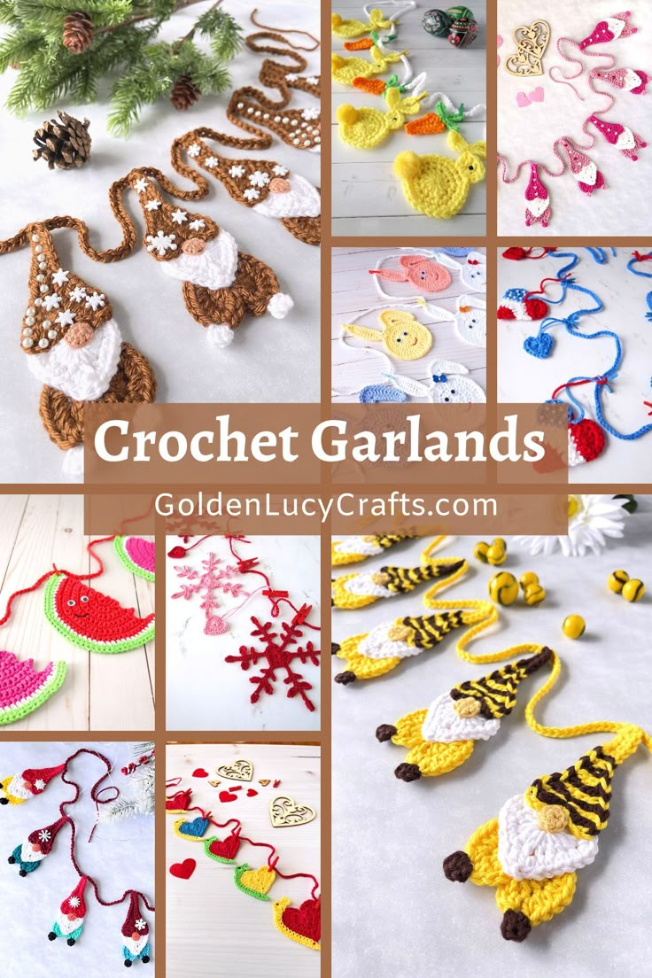 Photo collage of crocheted garlands. Cute Crochet Garland, Free Crochet Garland Patterns, Crochet Christmas Bunting Pattern Free, Crochet Banner Pattern Free, Crochet Classroom Decor, Summer Garland Ideas, Crochet Holiday Garland, Crochet Garland Pattern, Crochet Banner