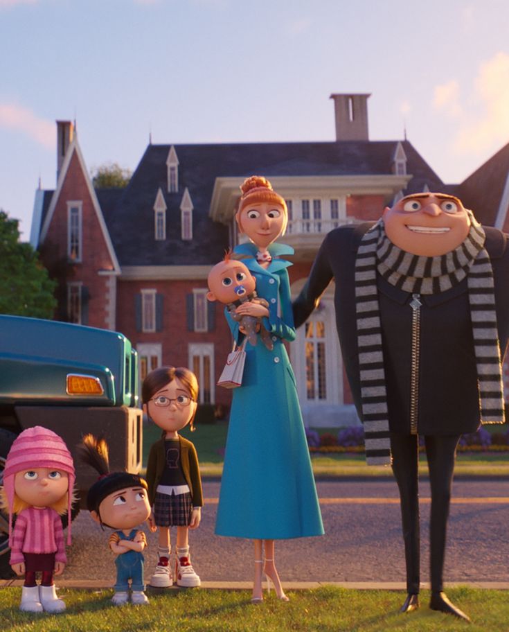 an animated family standing in front of a large truck on the side of a road