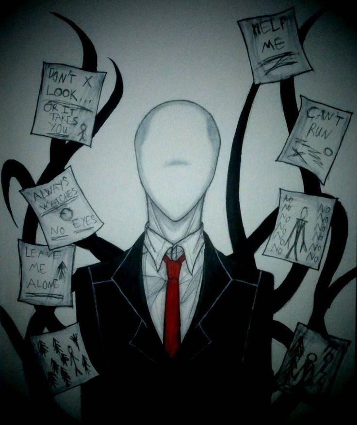 a drawing of a man in a suit and red tie surrounded by papers with writing on them