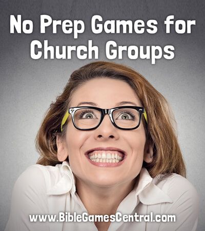 a woman wearing glasses with the words no prep games for church groups above her head