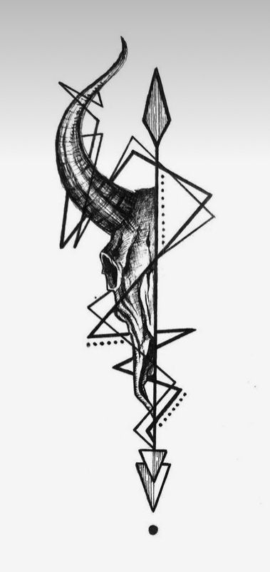 a black and white drawing of a bull with an arrow on it's back