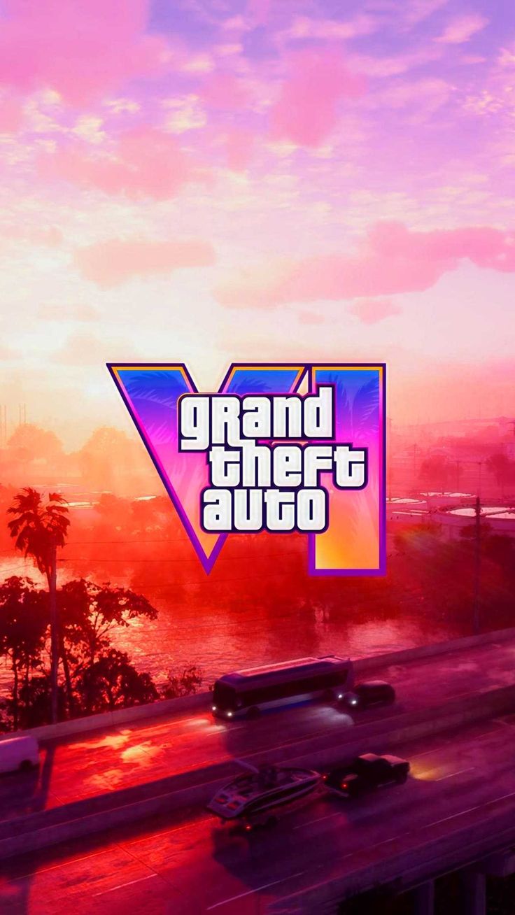 the grand theft auto logo is shown in front of an orange and purple sky with palm trees