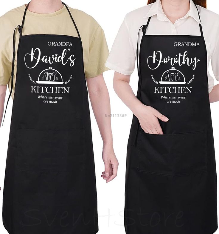 two aprons that say grandma and grandpa's kitchen with the same design on them