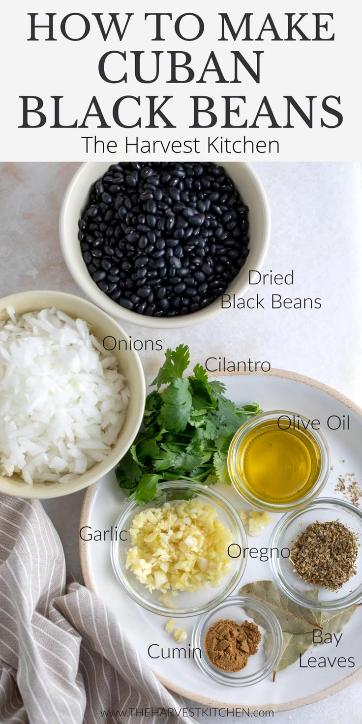 an image of how to make cuban black beans on a white plate with text overlay