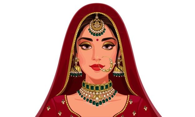 Beautiful indian bride portrait | Premium Vector #Freepik #vector #wedding #gold #people #woman Indian Bride Portrait, Bride Illustration, Bride Cartoon, Wedding Couple Cartoon, Indian Illustration, Indian Pictures, Fashion Illustration Sketches Dresses, Mandala Art Lesson, Female Art Painting